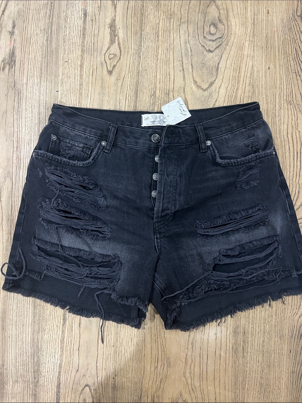 Free People Button Fly Distressed Black Denim Shorts Faded Size 28